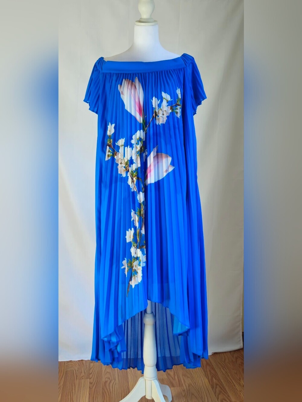 Ted Baker London Melma Blue Floral Pleated Off-Shoulder High-Low Maxi Dress - Picture 2 of 15